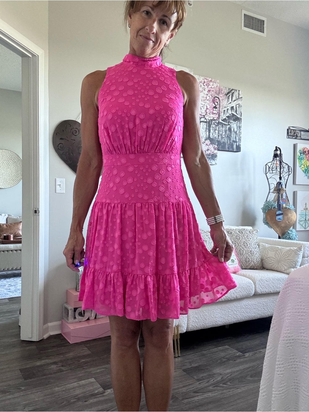 Eliza J Hot Pink Polka Dot Tiered Halter Mini Dress